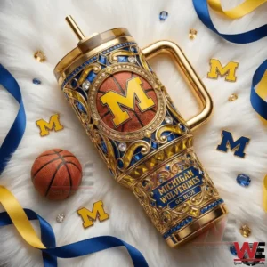Decorative Michigan Wolverines tumbler on white background with basketball accents!