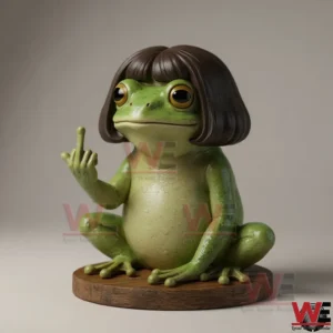 Green frog figurine with bob haircut sitting on a wooden base raising a middle finger!
