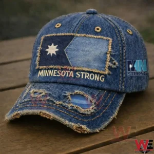 Distressed denim baseball cap with Minnesota Strong patch and star emblem!