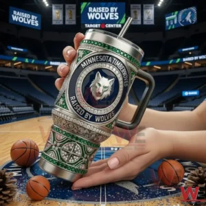 Minnesota Timberwolves raised by wolves tumbler held on a basketball court!