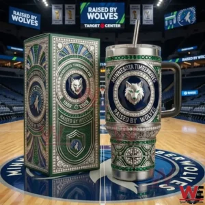 Minnesota Timberwolves raised by wolves tumbler with matching box on court!