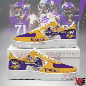 Purple and gold Minnesota Vikings sneakers with team logos and NFL badge in front of football players background.