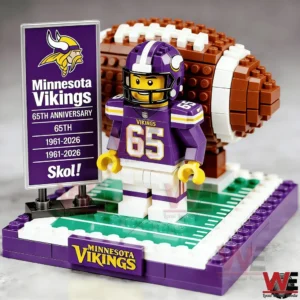 Brick built Minnesota Vikings player with large football and sixty five year anniversary sign.