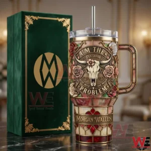 Decorative western style insulated tumbler with floral skull design and matching green gift box!