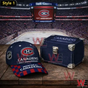 Vintage navy hockey cap and blue keepsake box displayed in an arena setting!