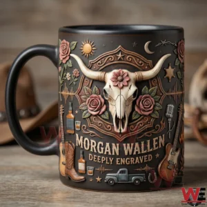 Morgan Wallen Deeply Engraved Mug 3 Morgan Wallen deeply engraved mug with country music symbols and bull skull design!