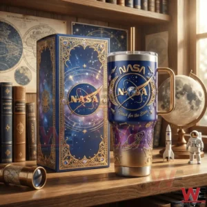 NASA insulated tumbler with blue and gold space design next to matching decorative box on wooden table!
