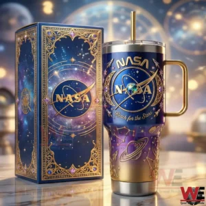 Nasa Reach for the Stars Tumbler 5 NASA insulated tumbler with decorative box in front of soft glowing space background!