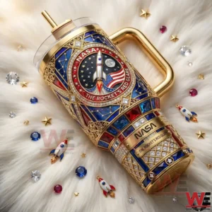 NASA themed tumbler with rocket design stars and gold decorative details!