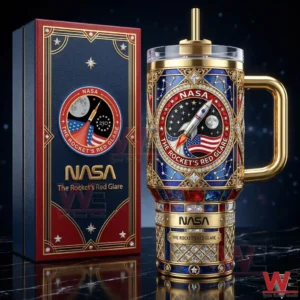 Nasa The Rockets Red Glare Tumbler 3 NASA themed tumbler displayed next to a matching decorative gift box!