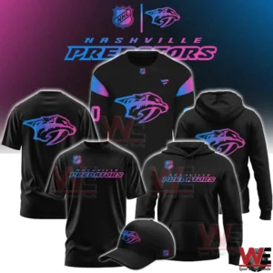 Cyberpunk style Nashville Predators jerseys hoodies shirts and cap in black with neon logo!
