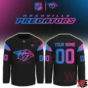 Cyberpunk Nashville Predators long sleeve hockey jersey with neon accents!