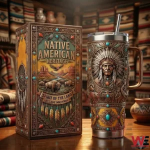 Stainless steel tumbler with Native American inspired artwork next to a decorative box on a wooden table!