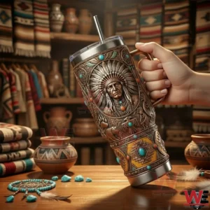 Hand holding a stainless steel tumbler with detailed Native American portrait design!