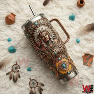 Native American inspired stainless steel tumbler resting on a soft decorative background!