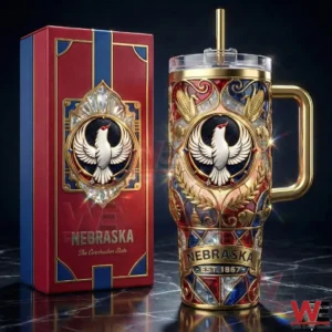 Luxury Nebraska tumbler with ornate patriotic design and matching gift box!