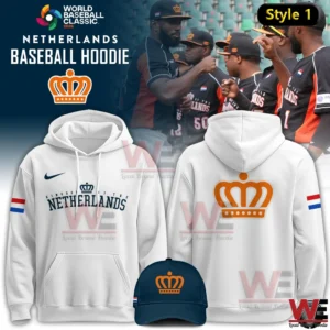 White and navy Netherlands Baseball Hoodie with orange crown logo and matching cap for World Baseball Classic 2026!