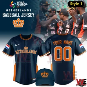 Navy Netherlands baseball jersey with orange lettering and crown logo plus matching cap!