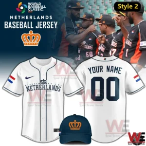 White Netherlands baseball jersey with navy lettering and matching navy cap!