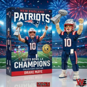 Patriots championship building figure holding a Super Bowl trophy beside collector box!
