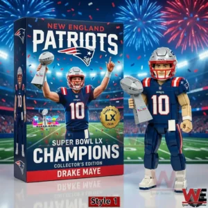 New England Patriots 60th Super Bowl Championship Collector Building Bricks 4 Patriots building figure raising Super Bowl trophy with fireworks backdrop!