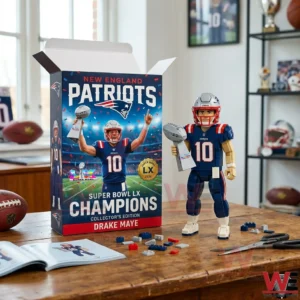 New England Patriots 60th Super Bowl Championship Collector Building Bricks 5 Patriots championship building figure on desk with box and building pieces!