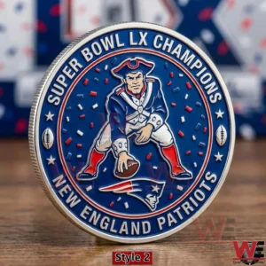 Commemorative coin showing a patriotic football figure and New England Patriots logo!