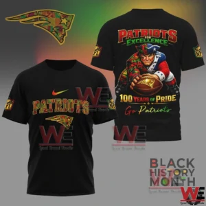 Front view of a black Patriots themed shirt with a bold chest logo!