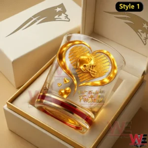 Golden New England Patriots themed whiskey glass in a luxury gift box!