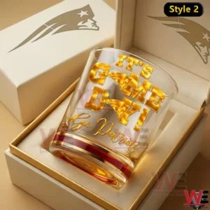 New England Patriots game day whiskey glass with gold text in gift box!