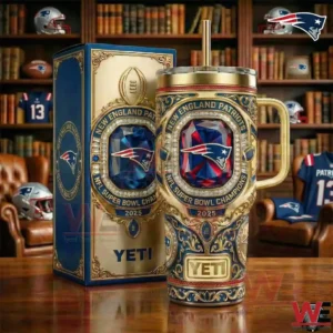 Luxury New England Patriots championship tumbler with ornate design displayed on a wooden table!