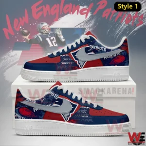 New England Patriots themed red and navy sneakers with football graphics and team logo!