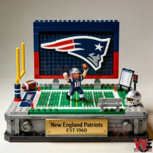 Building brick football field display with New England Patriots player and team logo!