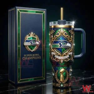 Luxury Seattle Seahawks championship tumbler displayed with elegant collector box!