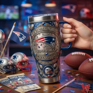 Hand holding New England Patriots Super Bowl champions tumbler with football decor!