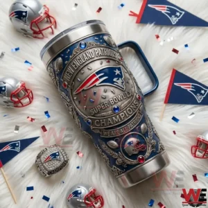 New England Patriots Super Bowl champions tumbler surrounded by team accessories!