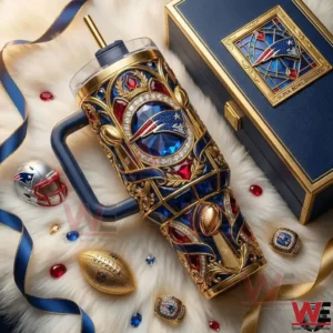 Decorative New England Patriots tumbler surrounded by football themed accessories!