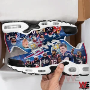 Close up of Patriots themed sneaker held in hand!