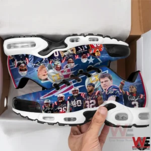 Top view of Patriots sneakers with black laces in a box!