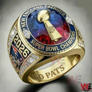 New England Patriots championship ring with trophy emblem and team colors!