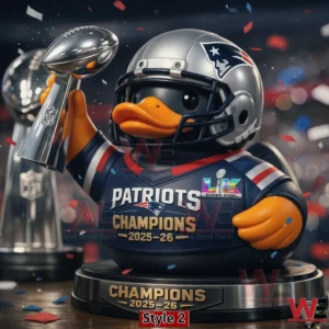 Duck character in Patriots football uniform holding a championship trophy!