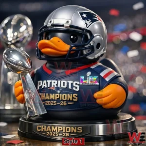Patriots themed duck holding a Super Bowl trophy in a stadium!