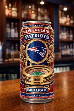 New England Patriots Bud Light can displayed on a wooden table in a bar!
