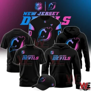 New Jersey Devils cyberpunk style warm up shirts hoodies and cap in black with neon logo!