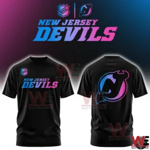 Front and back view of New Jersey Devils cyberpunk shirt with colorful logo!