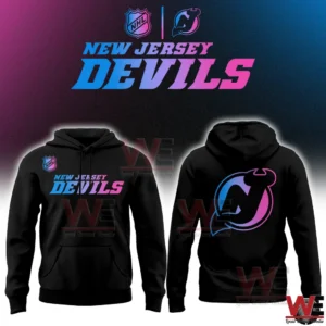 Front and back view of New Jersey Devils cyberpunk hoodie with neon logo!