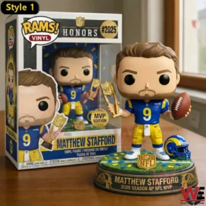 Vinyl figure of Matthew Stafford in Rams uniform holding MVP trophy beside collector box.