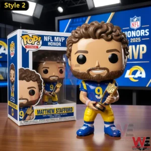 Stylized Matthew Stafford MVP figure in Rams uniform displayed with NFL Honors backdrop.