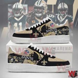 Black and gold New Orleans Saints sneakers with team logos and football graphics!