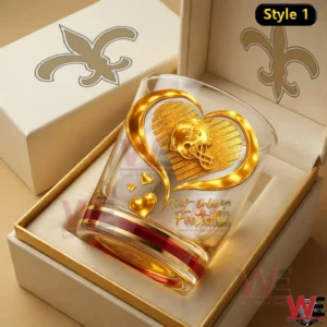 Gold heart football helmet design on New Orleans Saints whiskey glass in gift box!